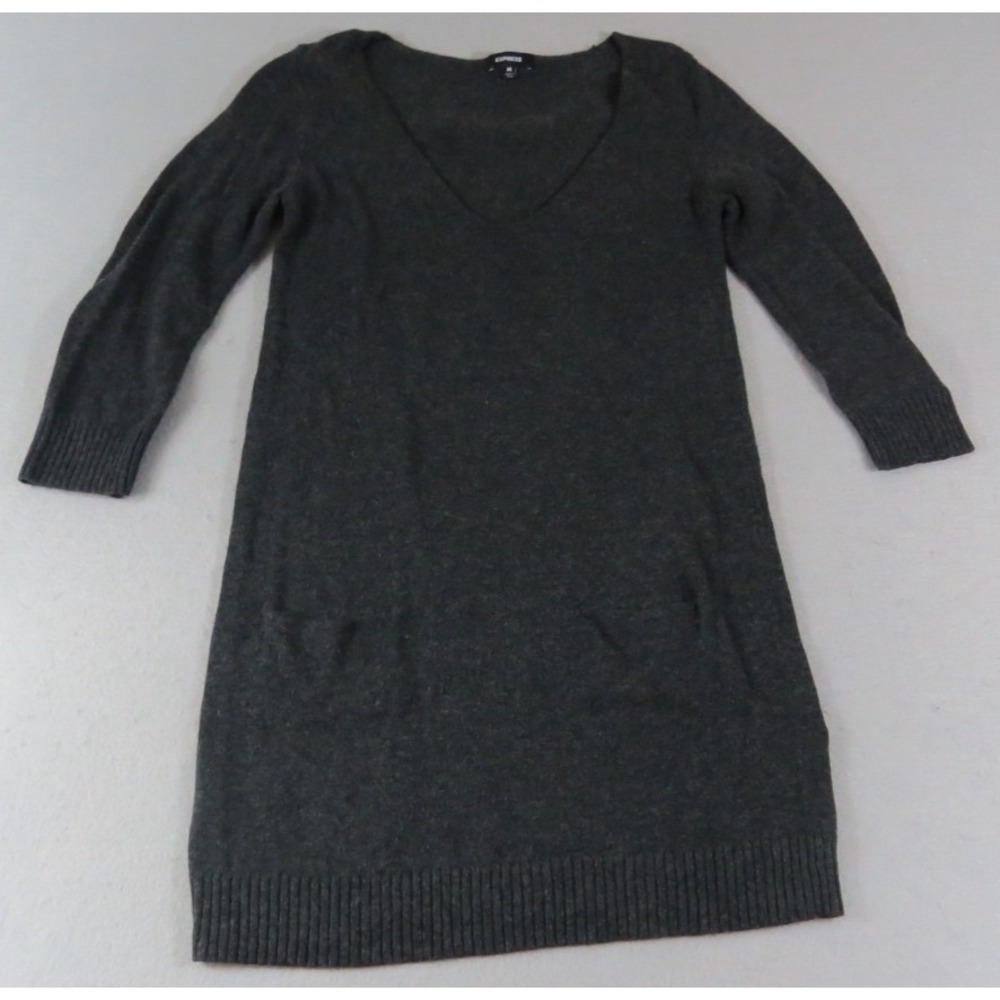 Express Wool Blend Knit Minimalist Gray V-Neck Mini Soft Sweater Dress Women's M